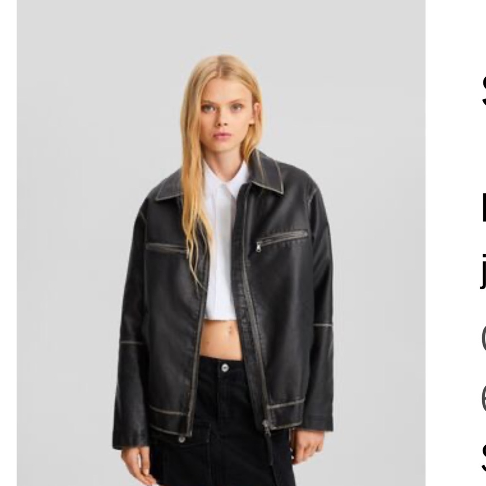 Bershka Black Leather Jacket with White Stitching